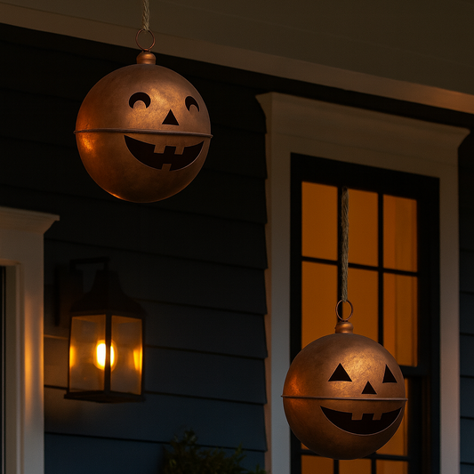 Hanging copper jack-o'-lanterns on a dark house exterior with a window in the background.