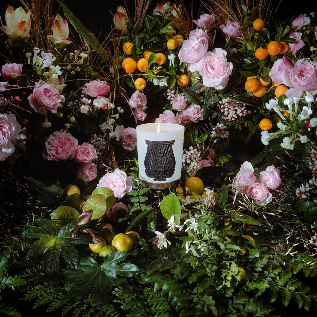 Rose Poivre Classic Candle surrounded by lush pink roses and greenery, showcasing elegant floral decor.