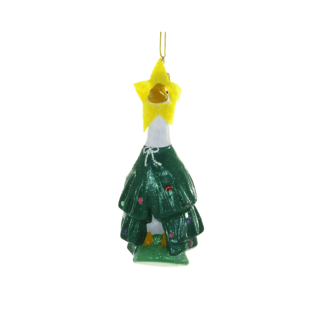 Porch Goose Christmas Tree Ornament, blown glass ornament in green tree costume with star hat.