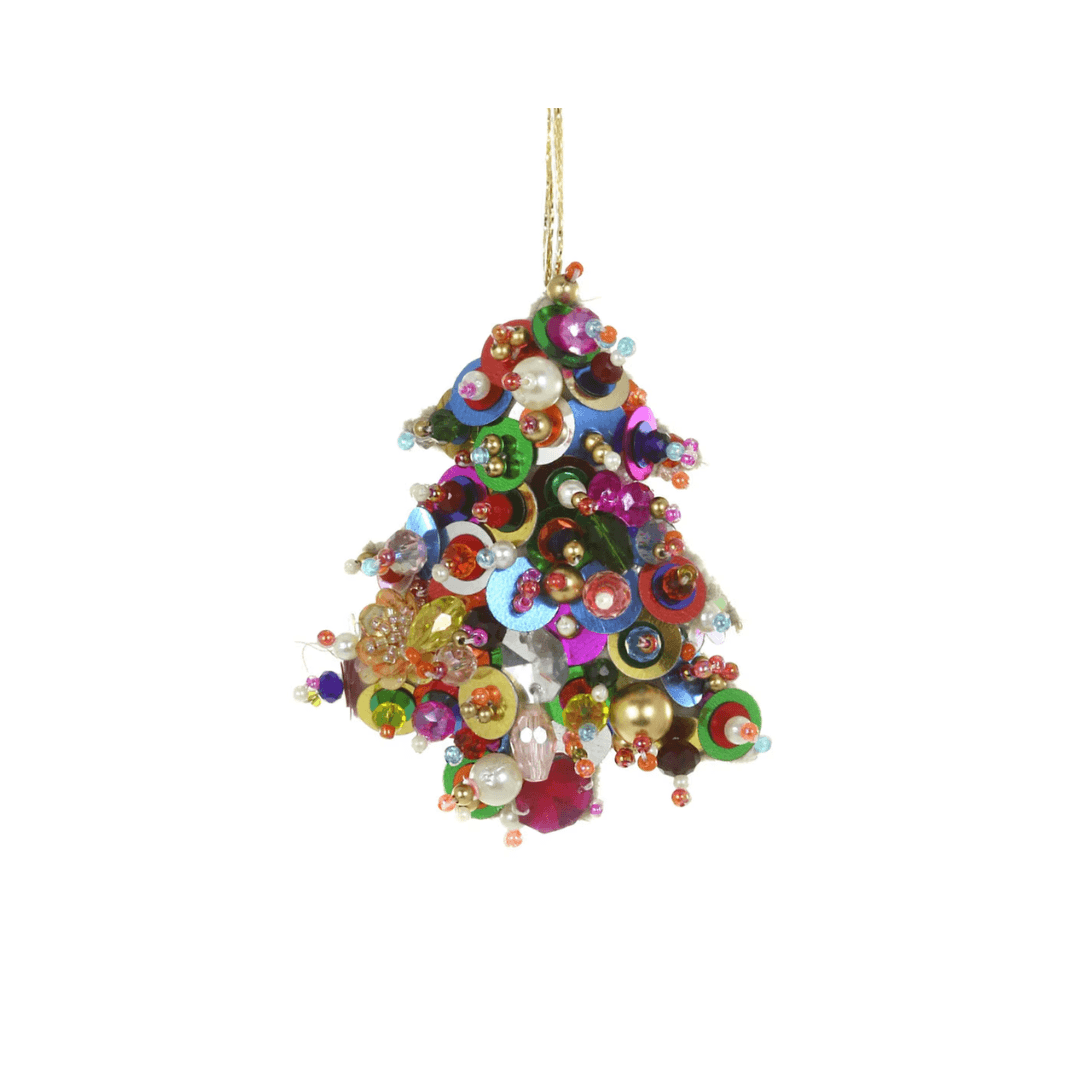 Sequin Tree Ornament crafted with multicolored sequins and beads, showcasing a vibrant, playful design.