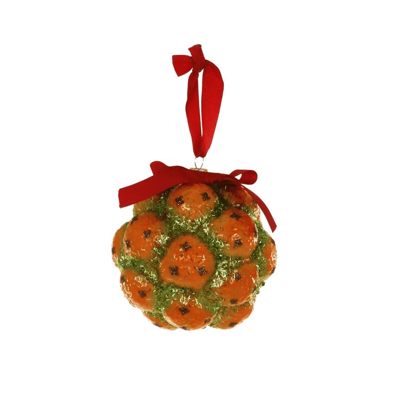 Evergreen Pomander Ornament featuring clove-studded oranges with green tinsel and red grosgrain bow.