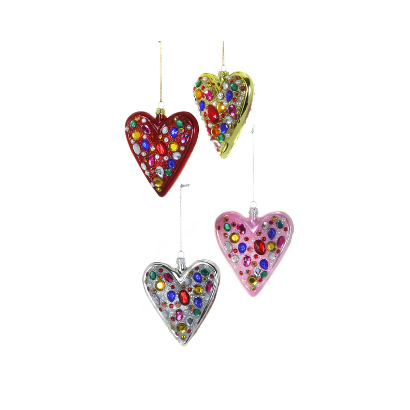Jewel-Encrusted Heart Ornament, Set of 4 Assorted