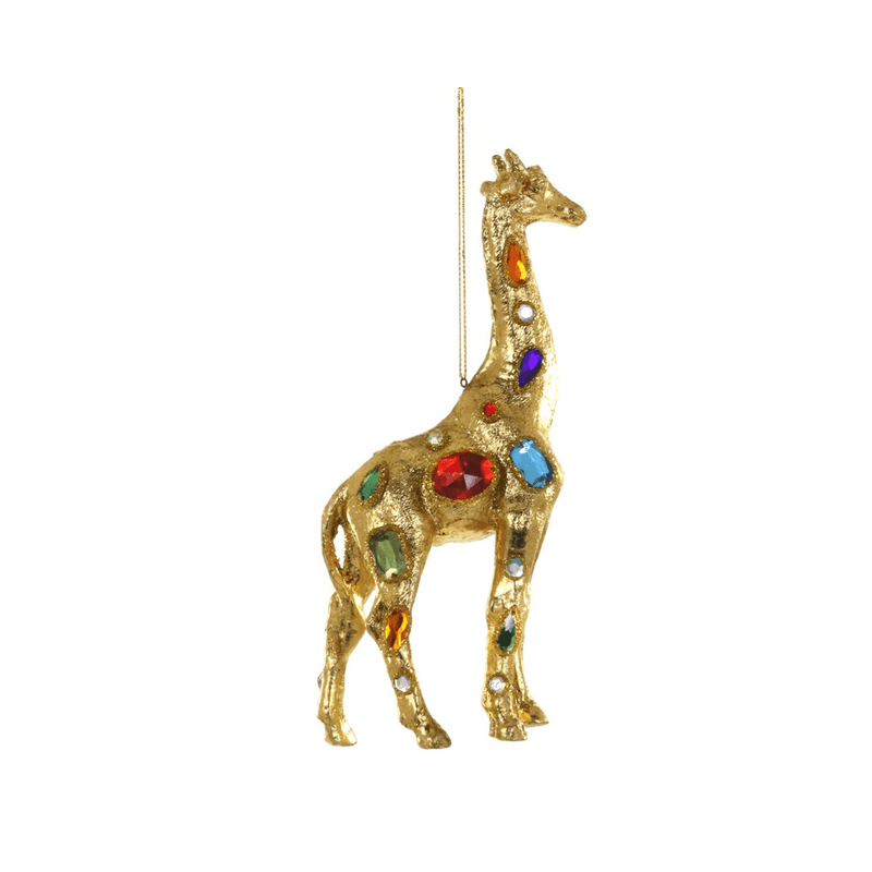 Jeweled Giraffe Ornament in gold with colorful gemstones, perfect for holiday decor.