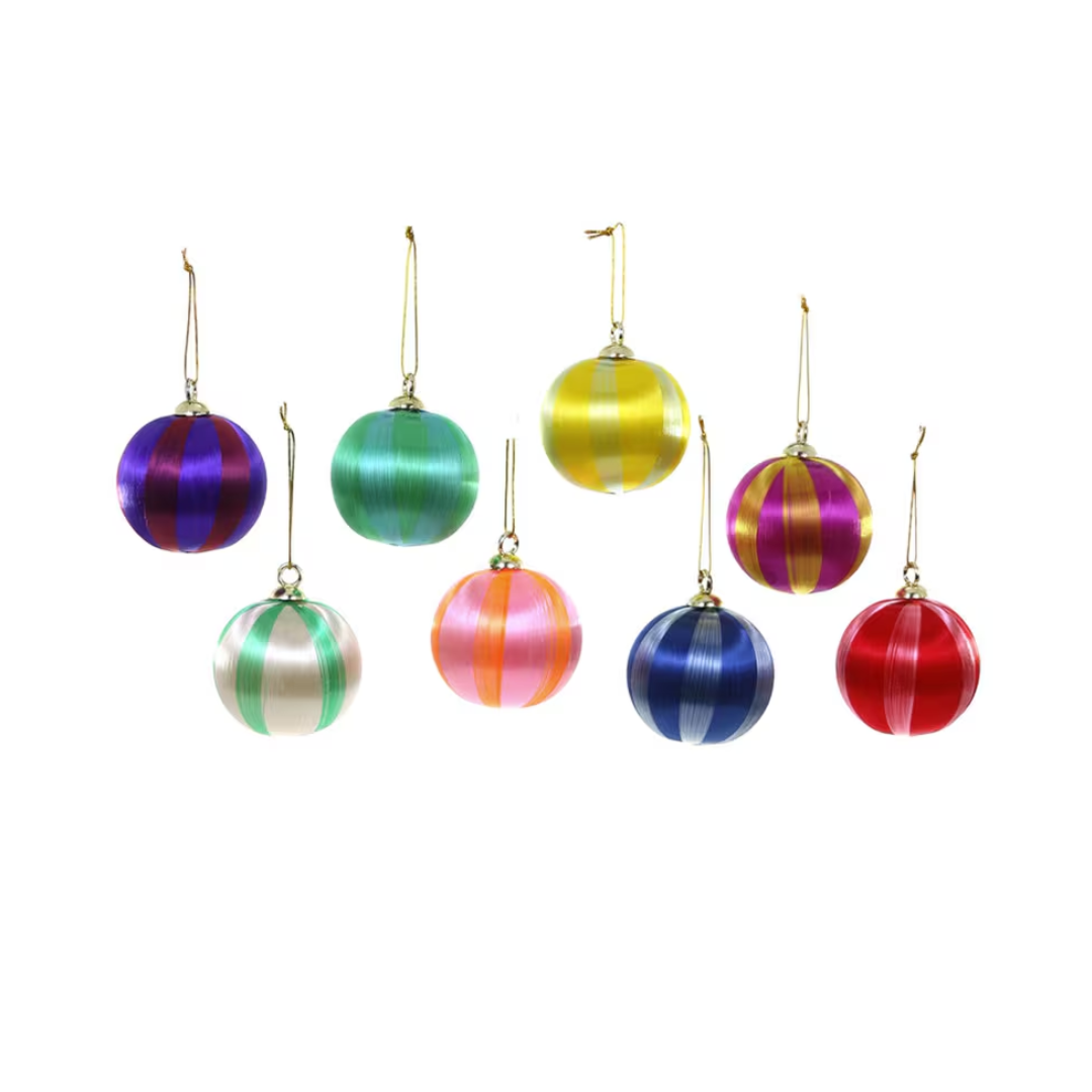 Set of 8 Assorted Striped Bauble Ornaments - Boxed