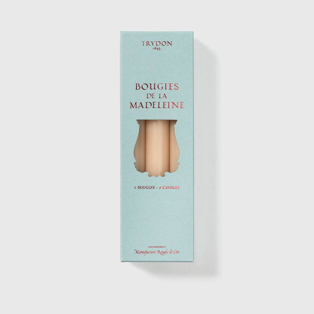 Madeleine Taper Candles - Stone in elegant packaging showcasing six candles in a box.