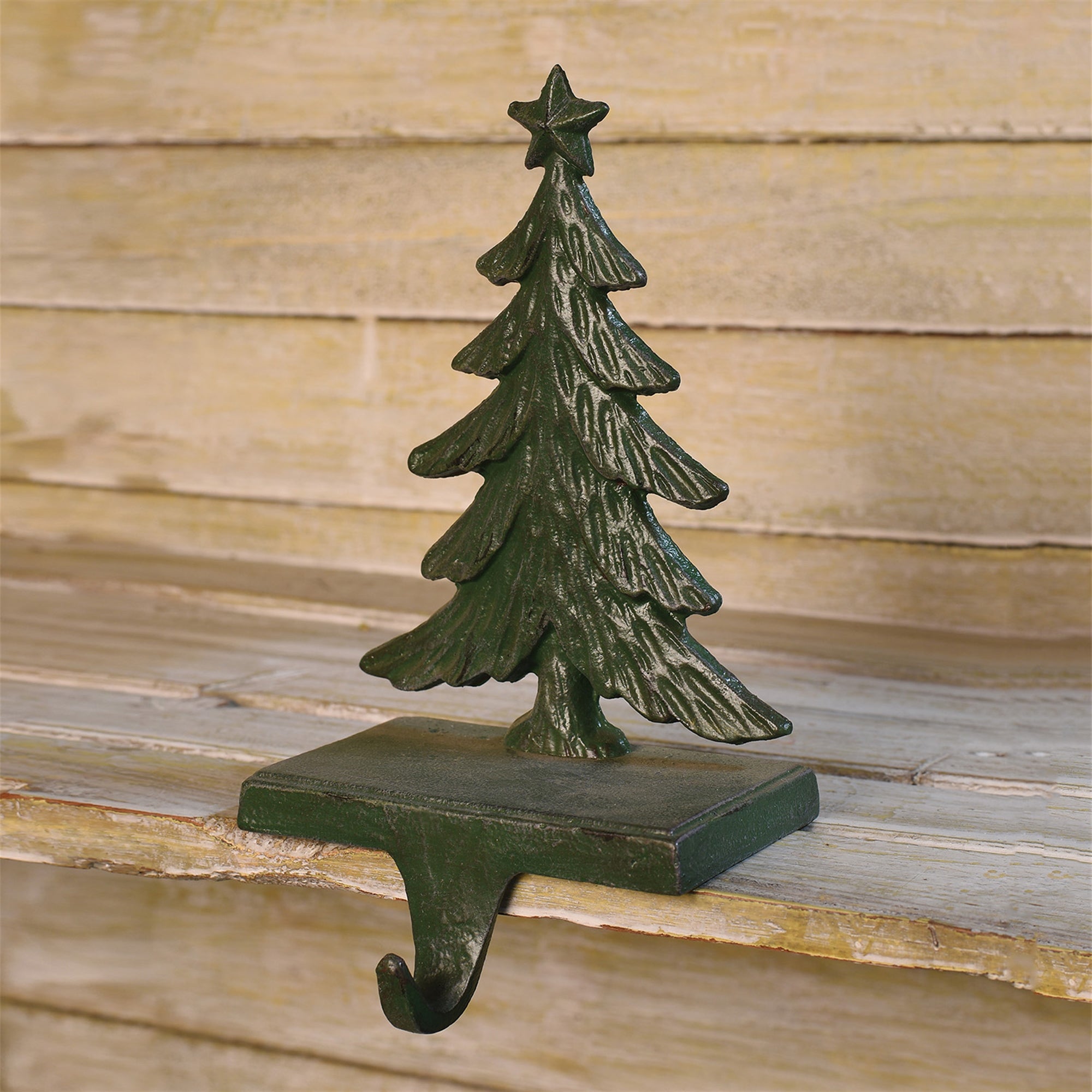 Christmas Tree Cast Iron Stocking Holder - Antique Green