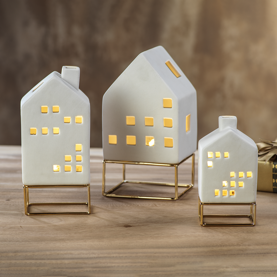 LED Ceramic House on Gold Metal Base - Christmas Decor by Carlyle Avenue