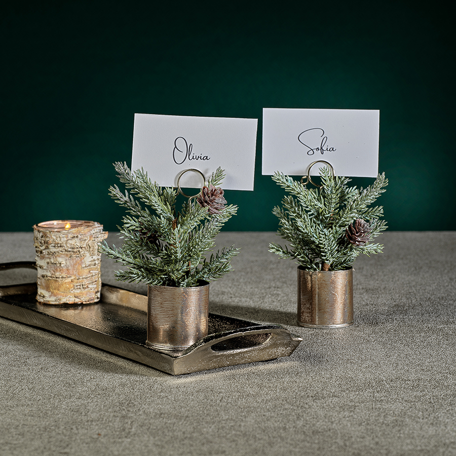 Pine in Silver Bucket Place Card Holder