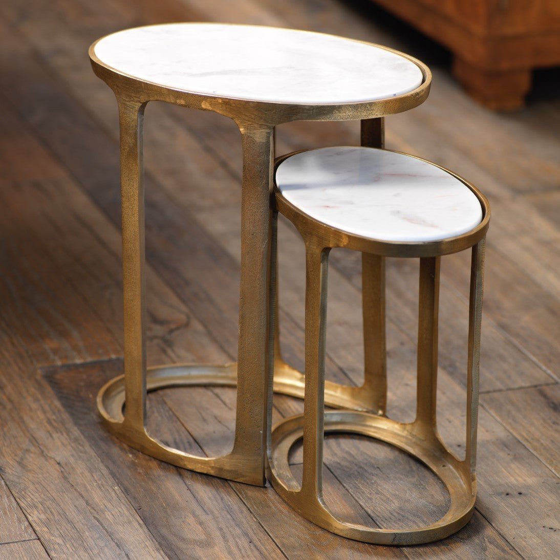 Nikki Oval Marble and Raw Aluminum Nesting Table - CARLYLE AVENUE