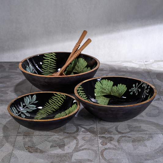 Botanical Garden Mango Wood Bowl - Green with Dark Gray