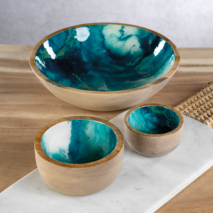 Seychelles Mango Wood Bowl - Paint Splash Blue