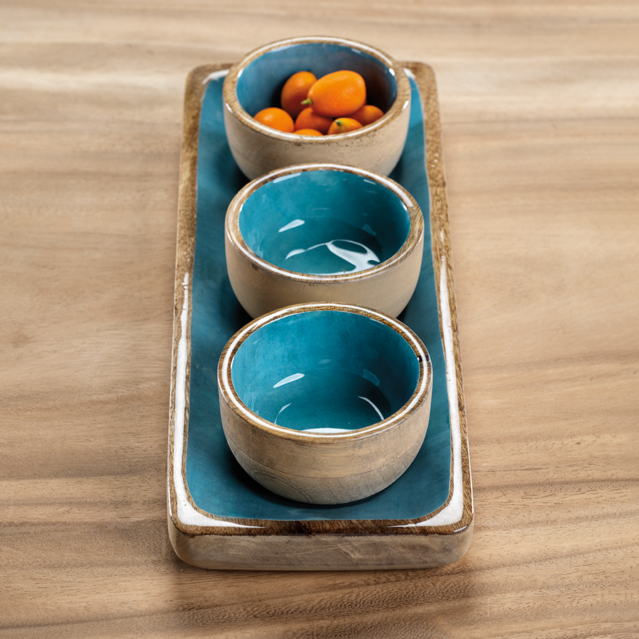 Seychelles Mango Wood Condiment Set - Aqua Blue
