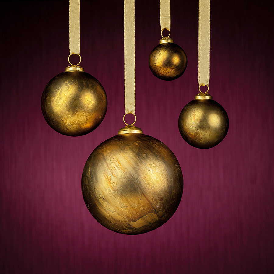 6 Rustic Metallic Glass Ball Ornaments, Set of 2 - Gold