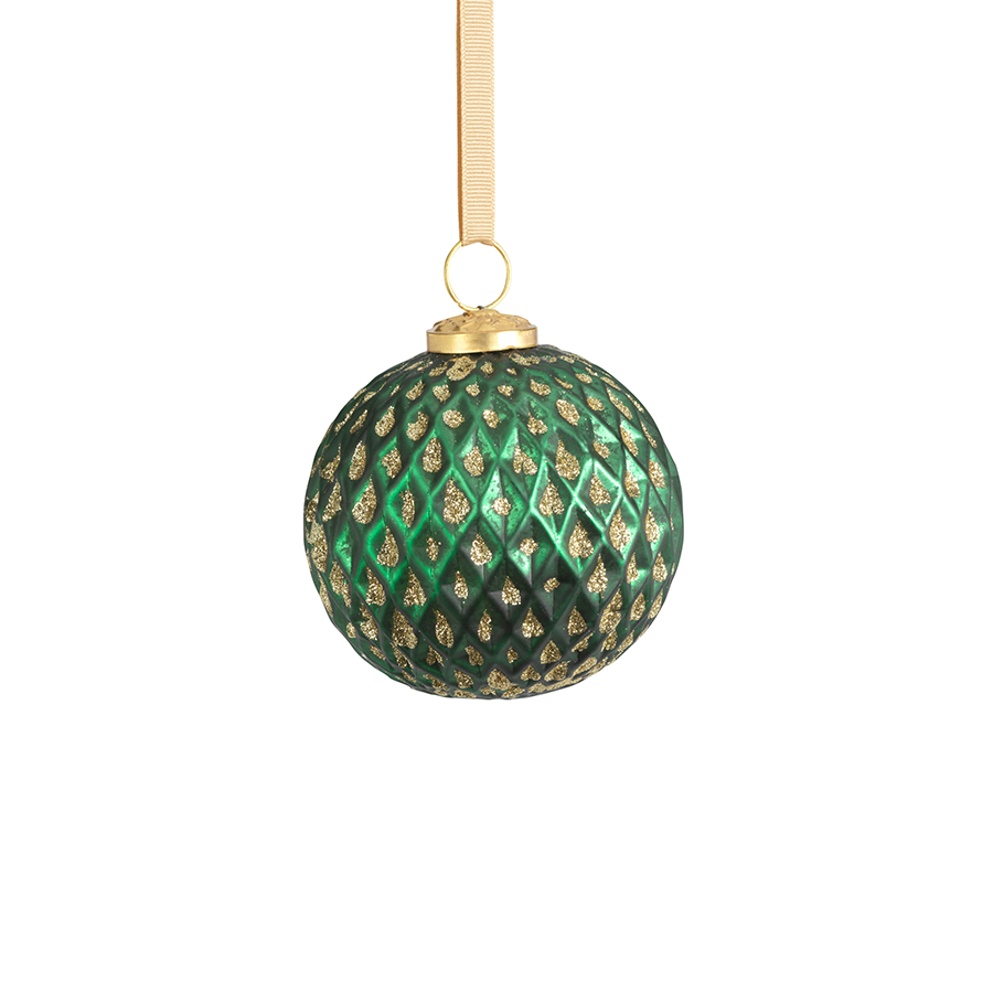 Beehive Glass Ornament - Green w/Gold Glitter