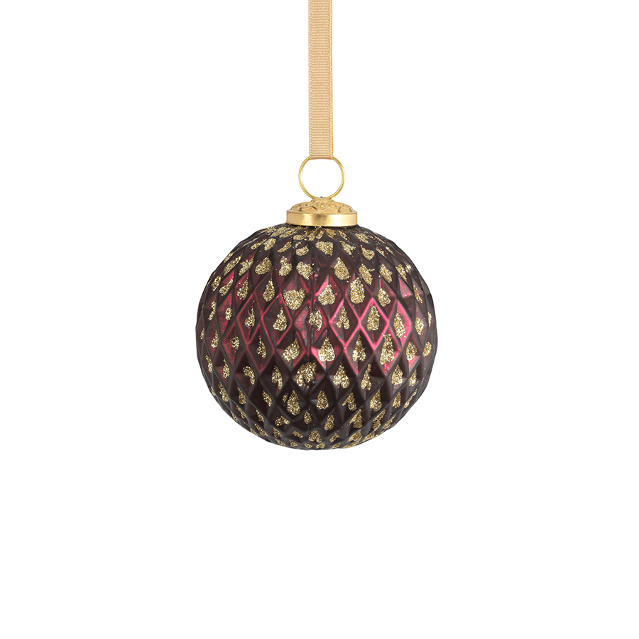Beehive Glass Ornament - Burgundy w/Gold Glitter