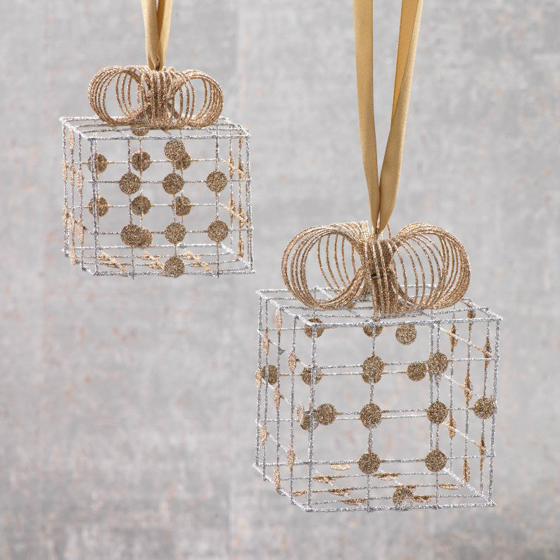 Silver Wire Box Ornaments with Gold Dots - Set of 2 - CARLYLE AVENUE