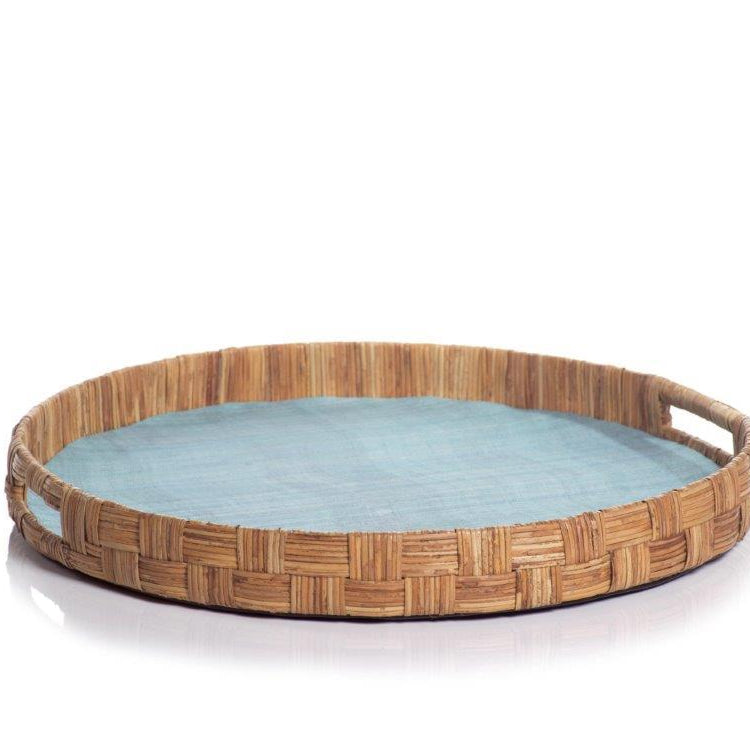 Agrari Abaca Silk Woven Cane Round Tray - Blue - CARLYLE AVENUE