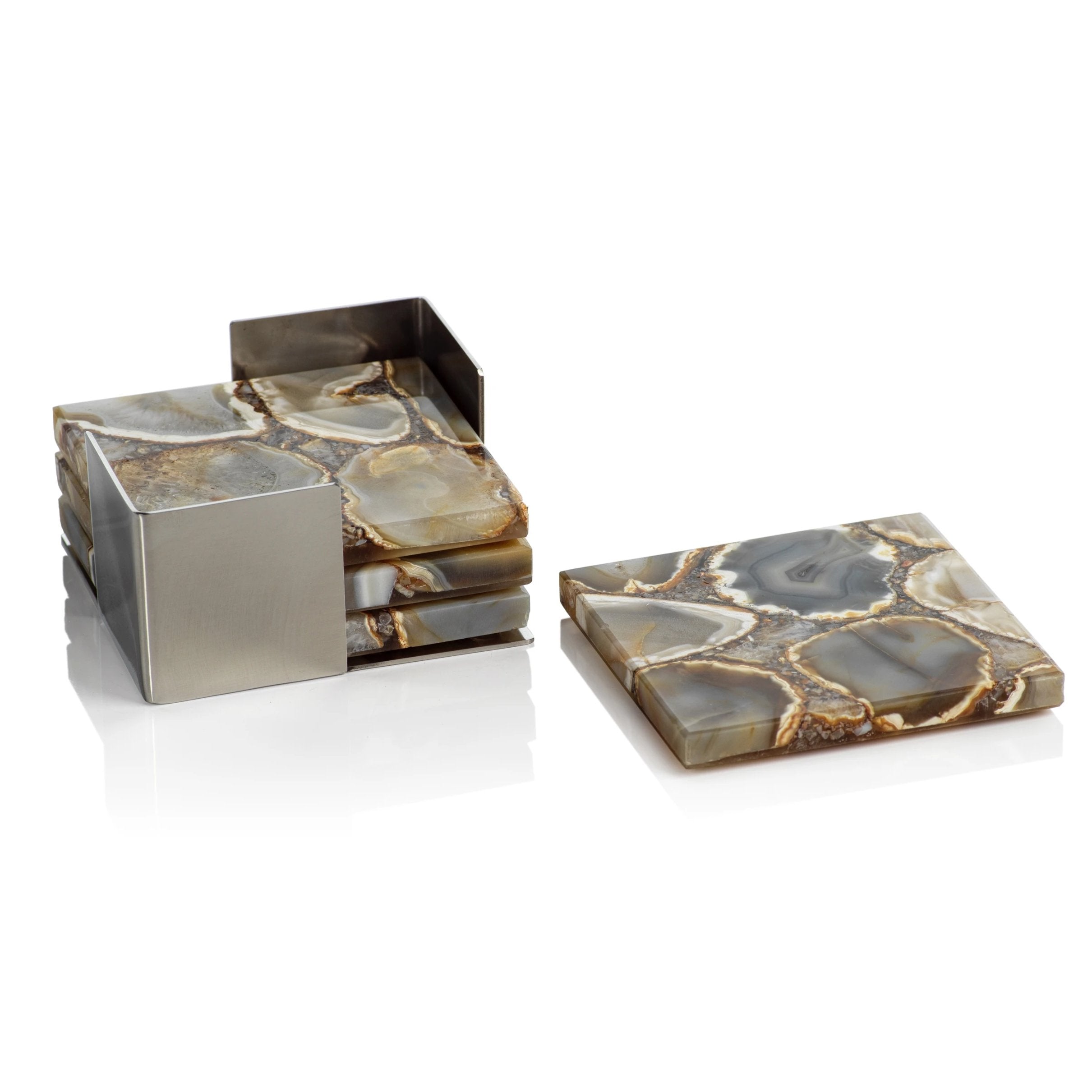 Set/4 Crete Agate Coasters on Metal Tray - Taupe/Brown - CARLYLE AVENUE