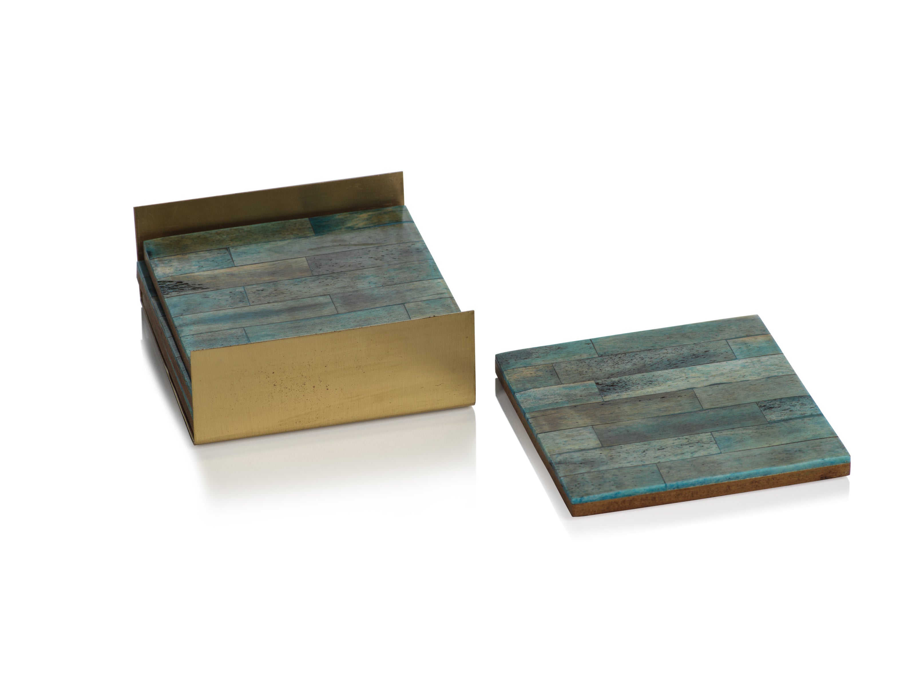 Set of 4 Coasters on Metal Tray - Green/Gold - CARLYLE AVENUE
