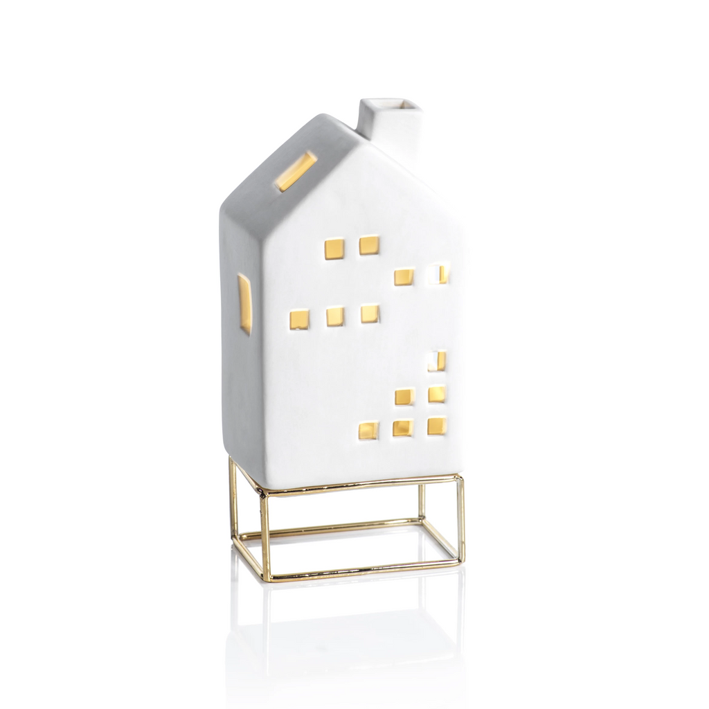 LED Ceramic House on Gold Metal Base - Christmas Decor by Carlyle Avenue