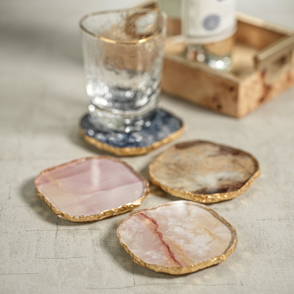 Agate Marble Glass Coaster with Gold Rim - Set of 4