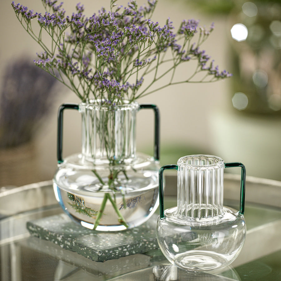 Vetro Optic Glass Vase w/Green Handles