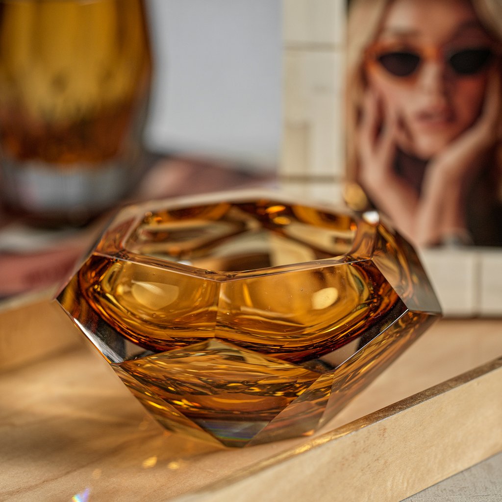 La Bohème Hand Made Polished Cut Glass Bowl - Amber