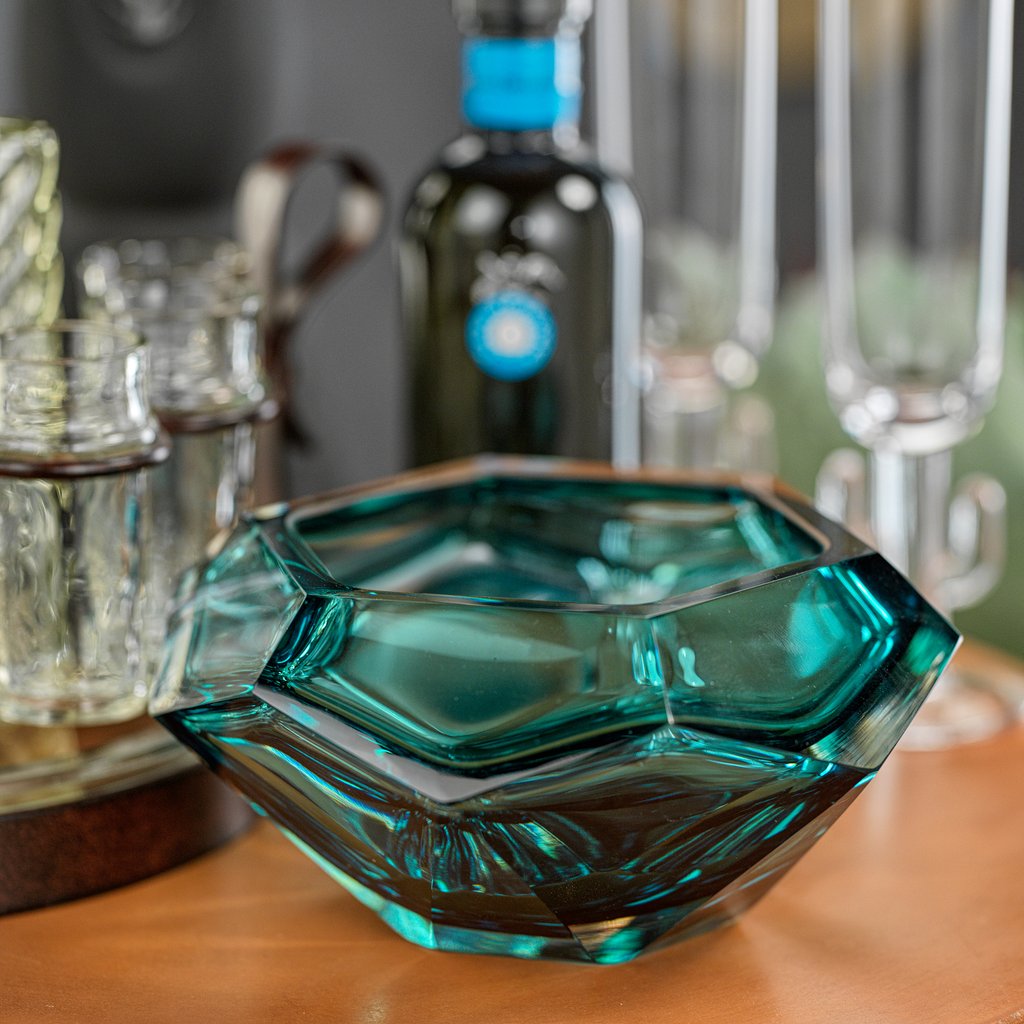 La Bohème Hand Made Polished Cut Glass Bowl - Sea Blue
