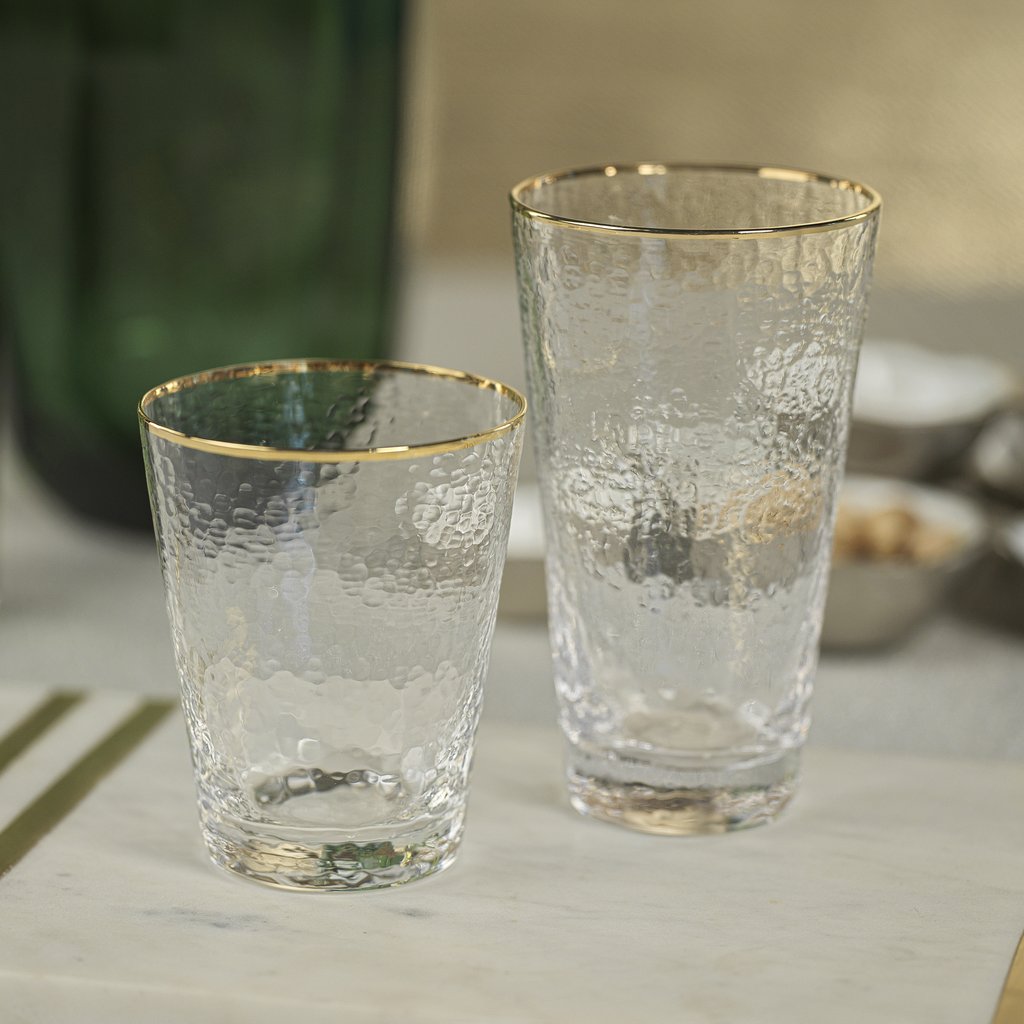 Negroni Hammered Tapered Glasses - Clear with Gold Rim