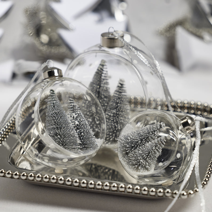 Clear Glass Ball Ornaments w/ Silver Pine Trees - Set of 6