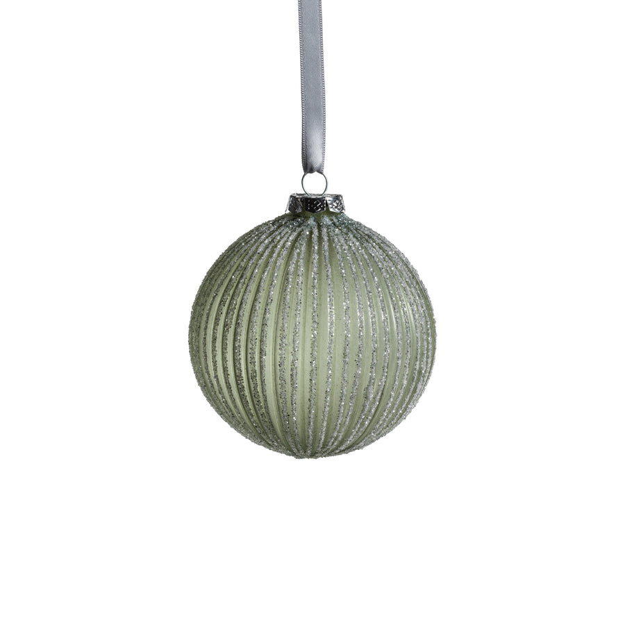 Grooved Green Glitter Glass Ball Ornament