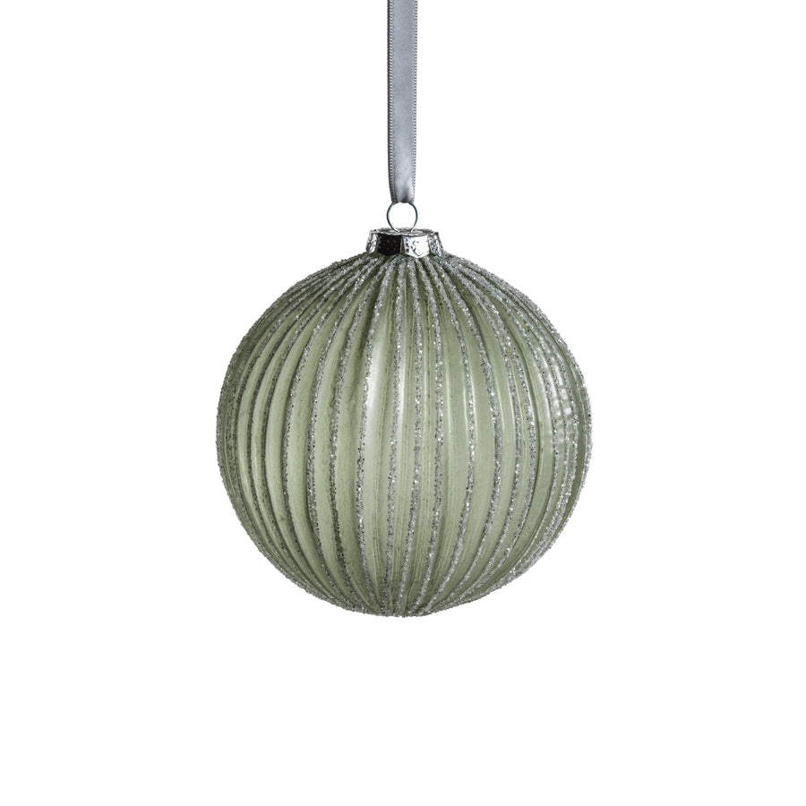 Grooved Green Glitter Glass Ball Ornament