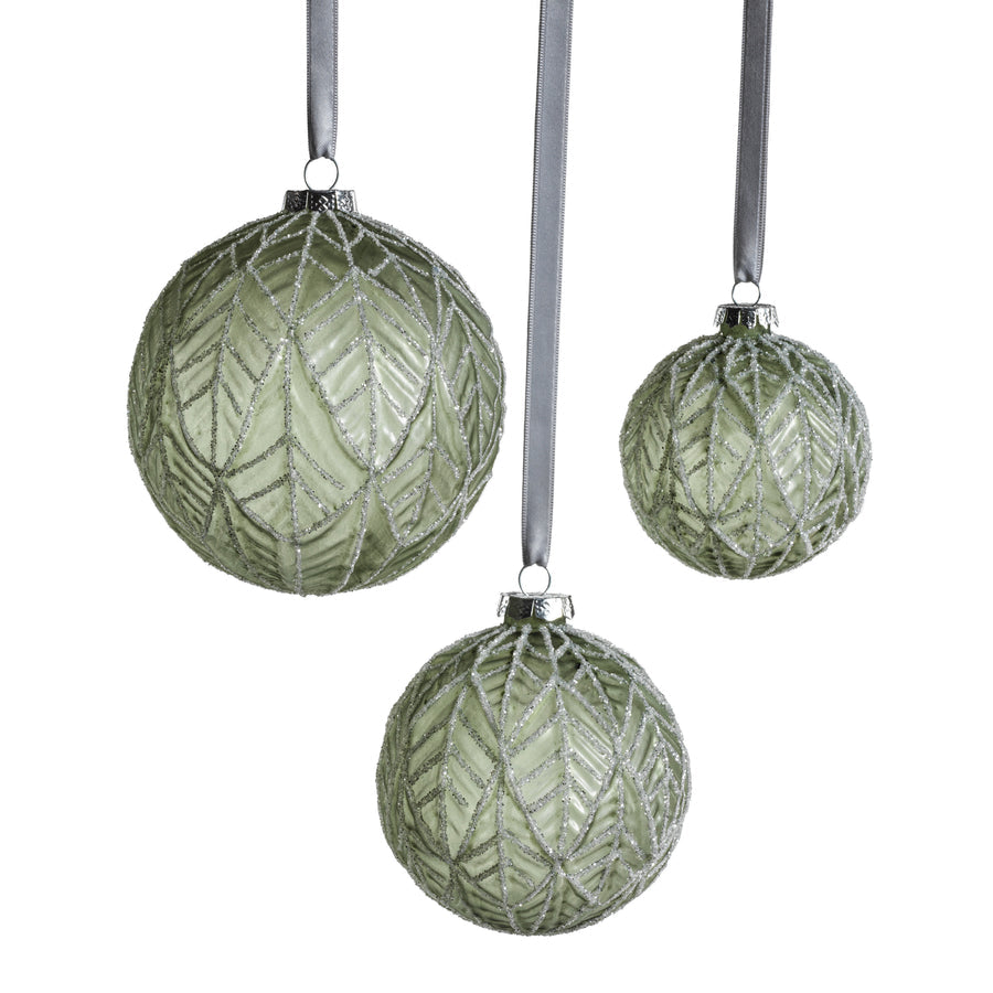 Embossed Green Leaves Glitter Glass Ball Ornament