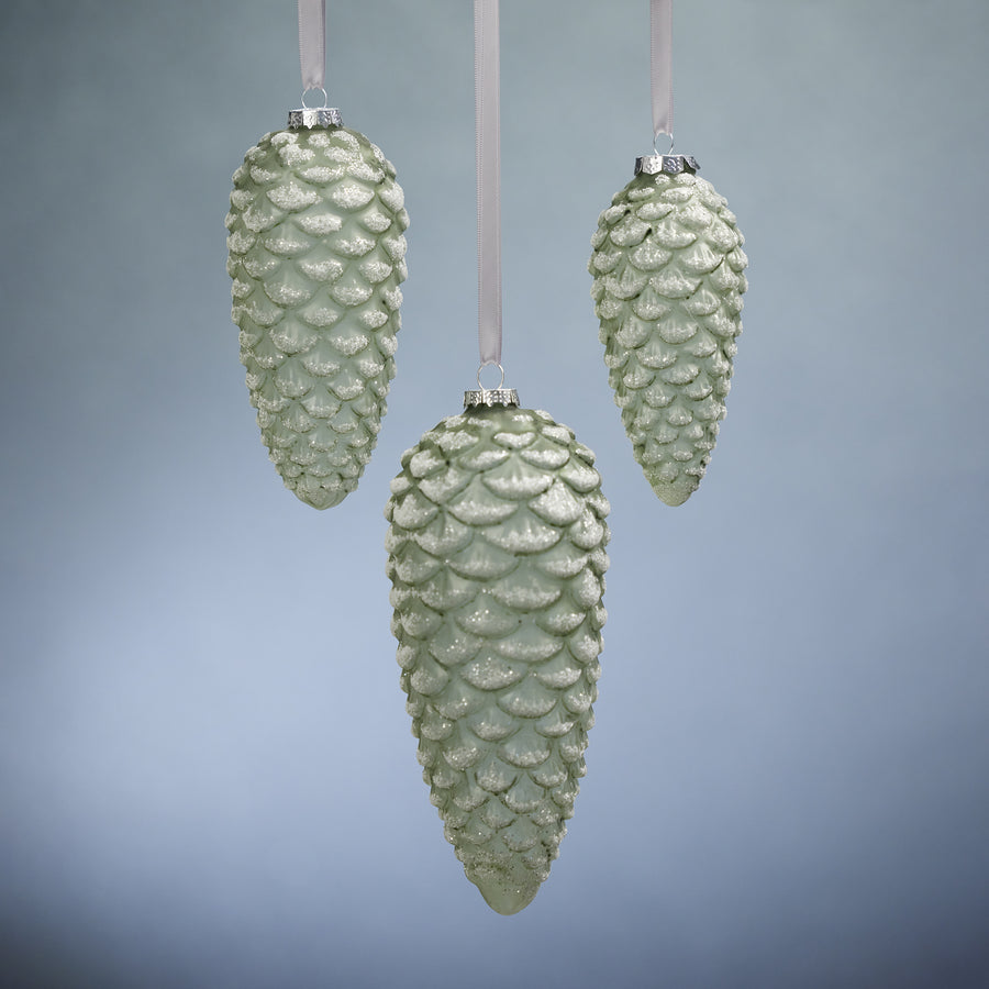 Pine Cone Glass Ornament with Glitter - Green