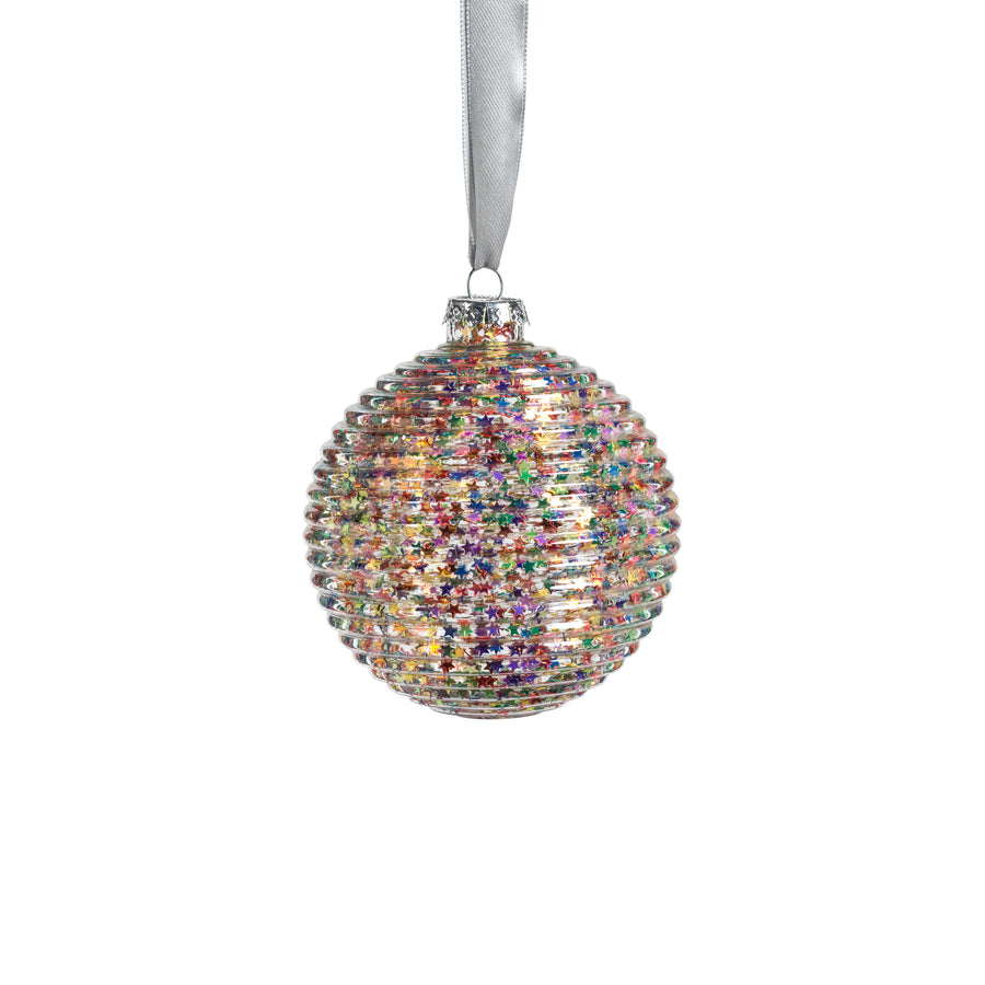 Multicolor Star Glitter Ribbed Glass Ornament