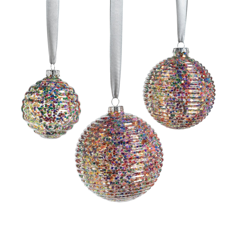 Multicolor Star Glitter Ribbed Glass Ornament