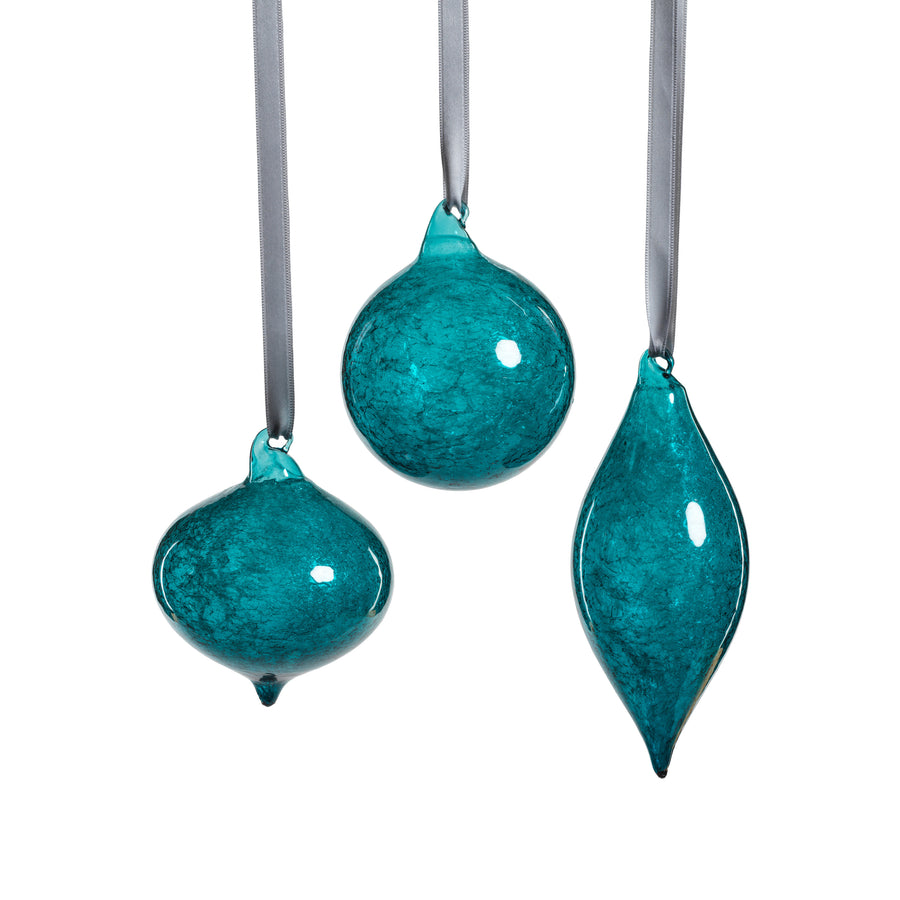 Assorted Blue Glass Ornaments - Set of 3