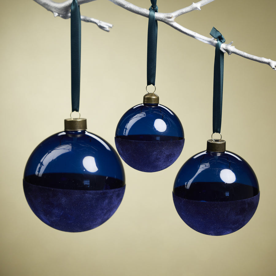 Navy Blue Glass Ball Ornament with Velvet & Ribbon