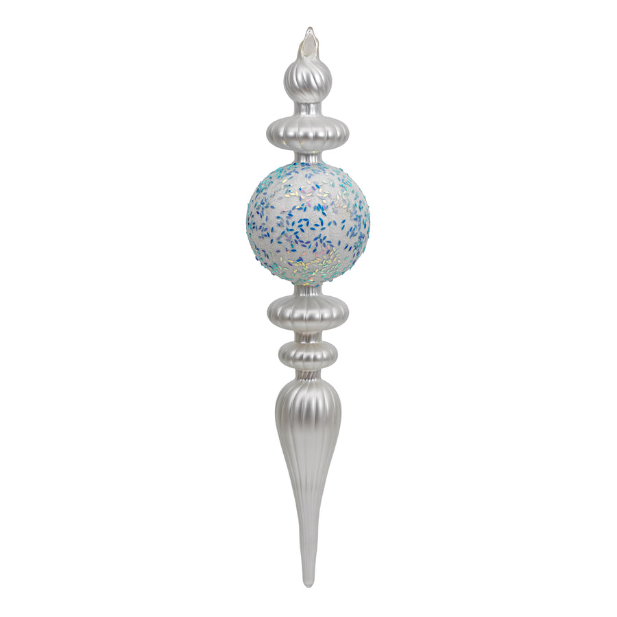 Finial Silver and Blue Glitter Glass Ornament