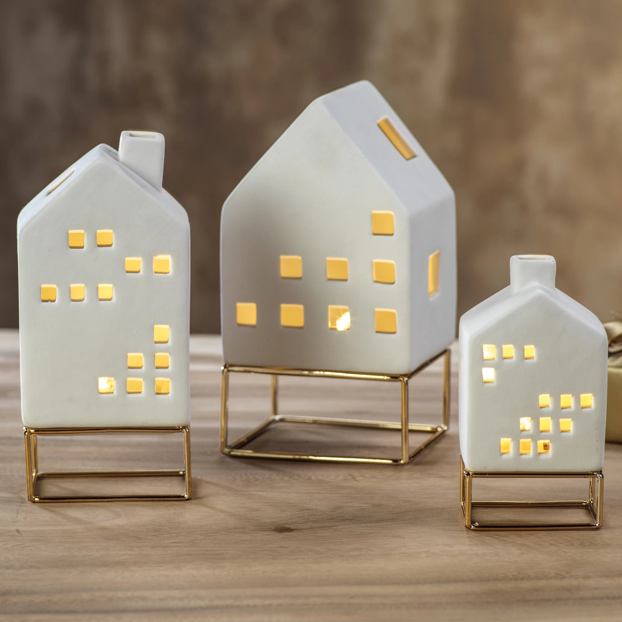 LED Ceramic House on Gold Metal Base - CARLYLE AVENUE