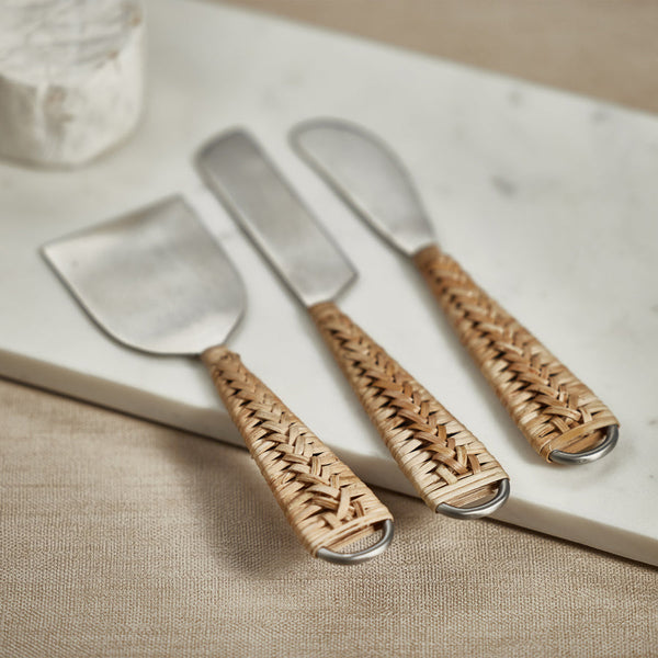 Rattan & Matte Steel Cheese Tools - Set of 3