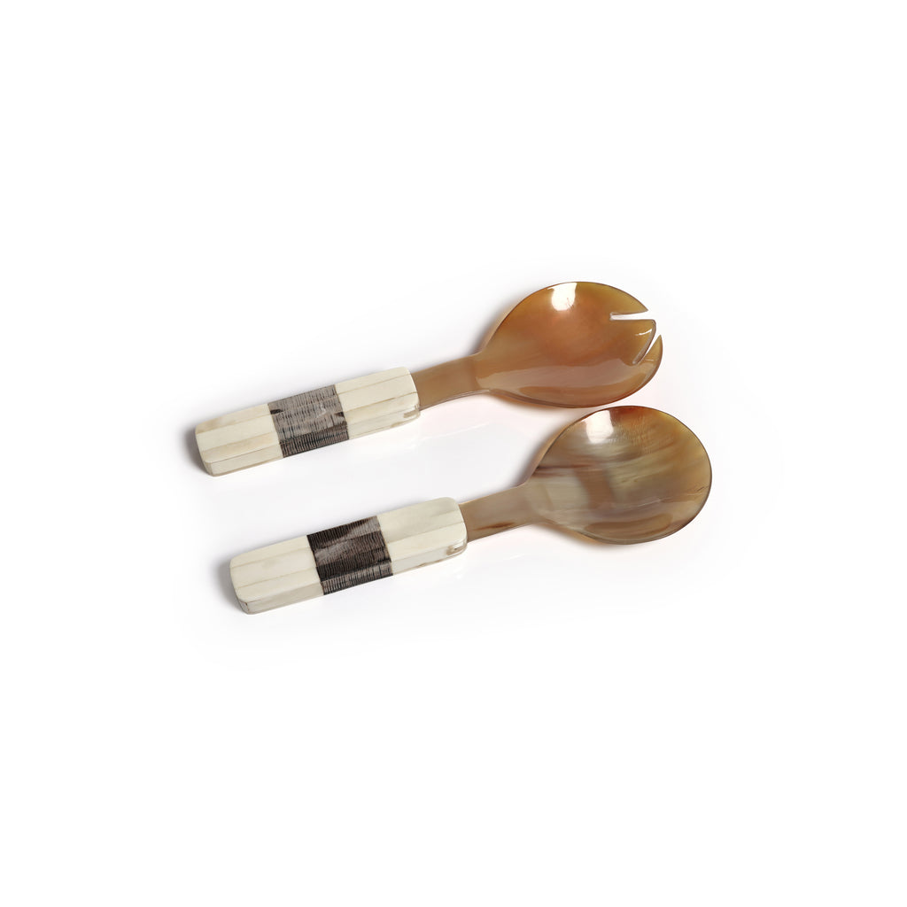 Variegated Horn w/Bone Etched Handle Salad Servers - Dark - Tableware by Carlyle Avenue