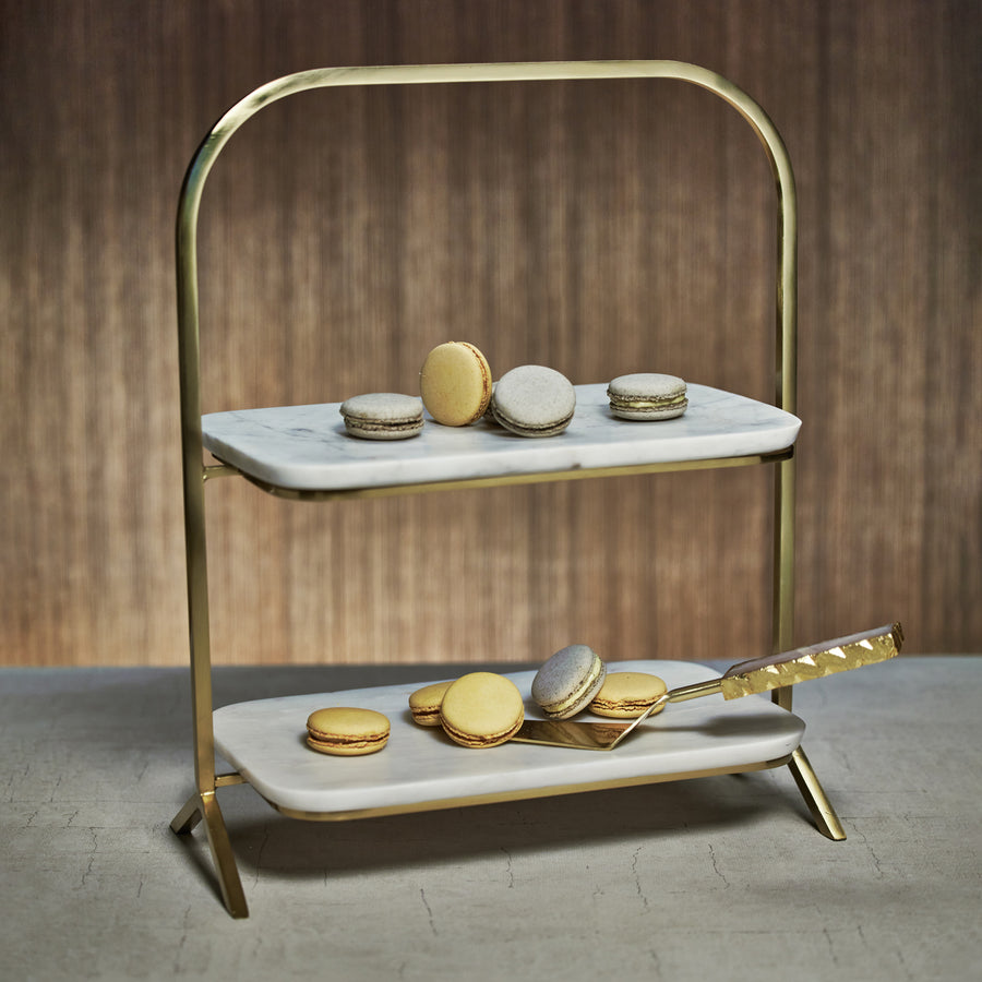 Madeleine Marble Two-Tier Stand - Gold & White Marble