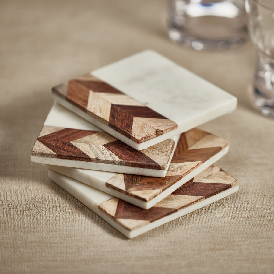 Carlyle Avenue | Milan Marble with Chevron Design Wood Coasters - S/4 | Zodax