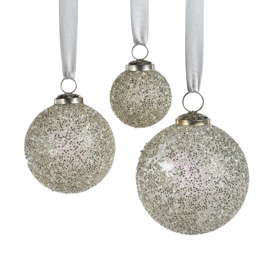 Beaded Glass Ornament - Silver