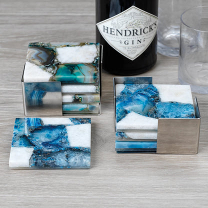 Four Crete Agate Coasters on Metal Tray - Blue/White - Coasters by Carlyle Avenue