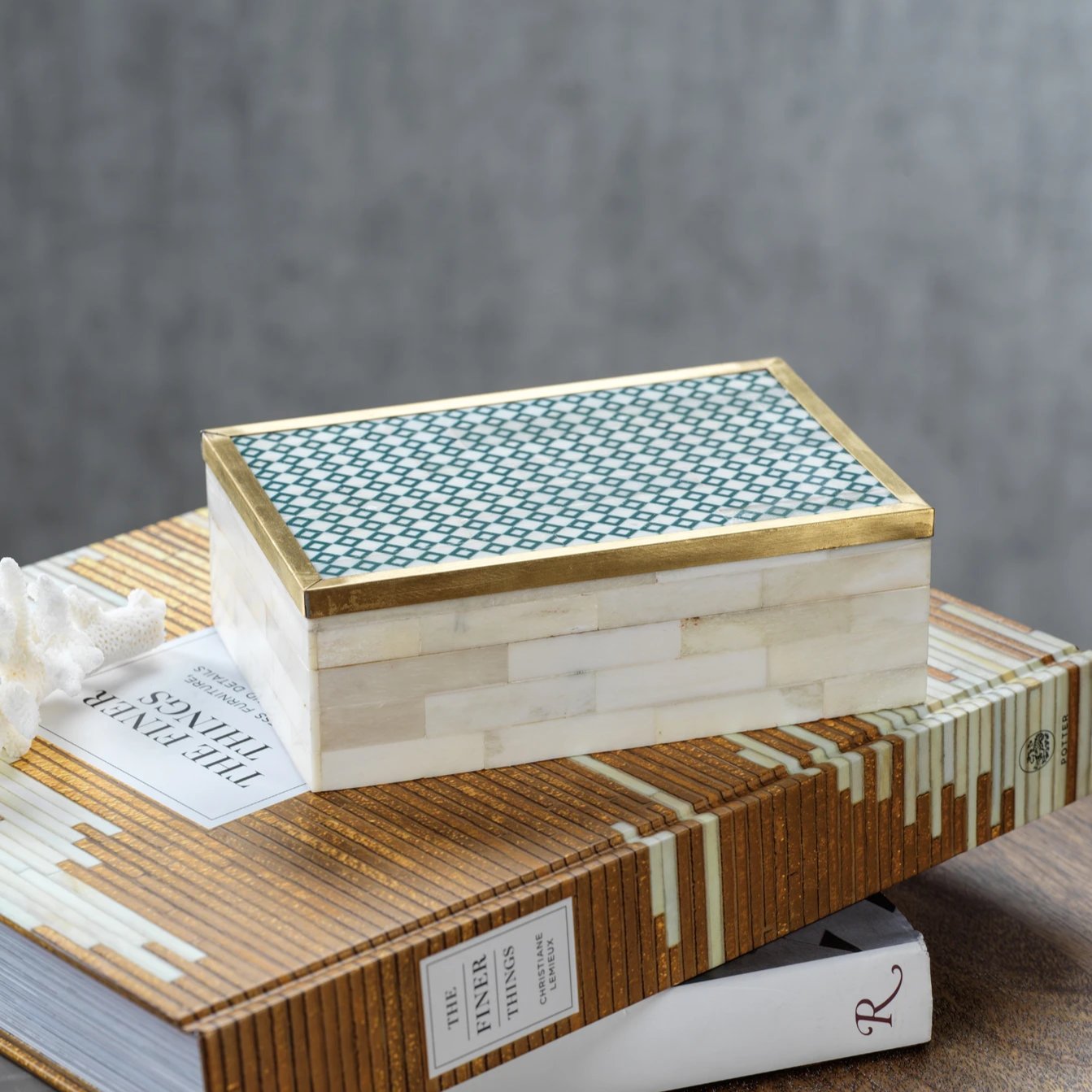 White Bone & Brass Box w/ Printed Pattern - Decorative Accessories by Carlyle Avenue