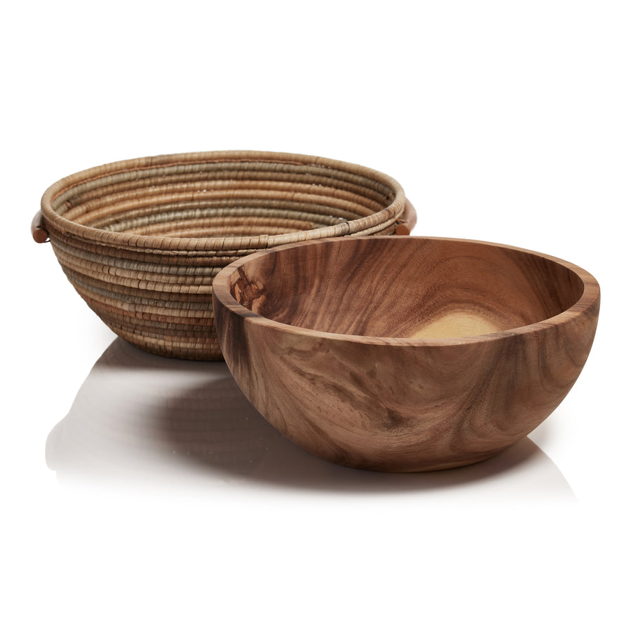 Como Handwoven Rattan & Accacia Wood Bowl - Gray & Natural