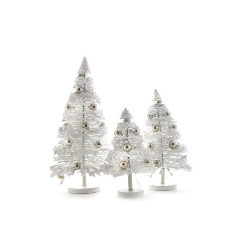 Set of 3 Snow Forest Trees - White w/Silver Balls